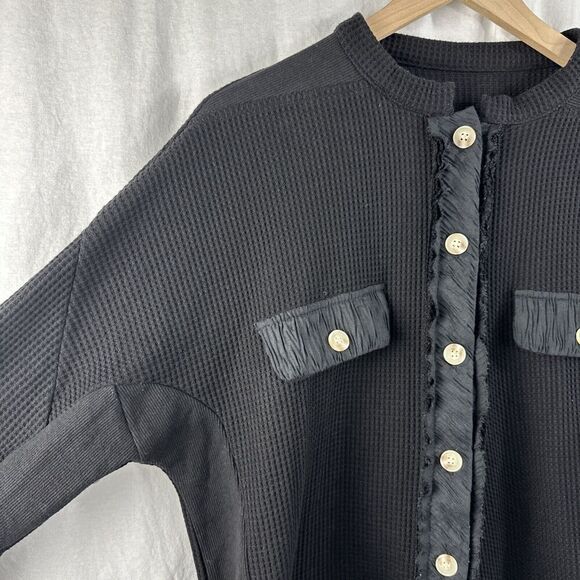 Chouyatou Black Waffleknit Oversized Button Up Shirt Jacket Lounge Womens L - Picture 6 of 13